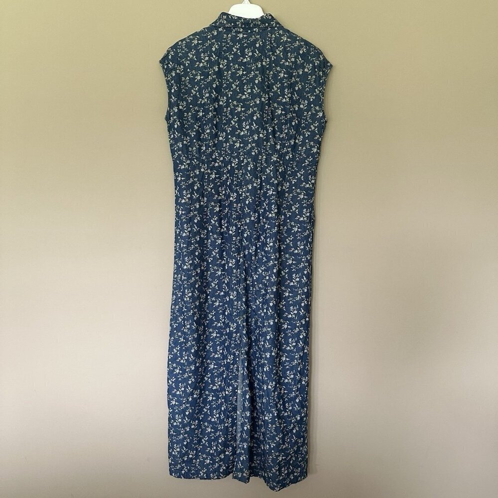 VTG Denim Collared Maxi Shirt Dress Floral Women 12 Cottagecore Farm High Waist - Picture 4 of 9